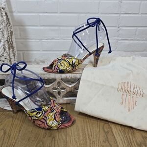 Charlotte Stone Blue Tie Strap Floral Print Heels Size 7